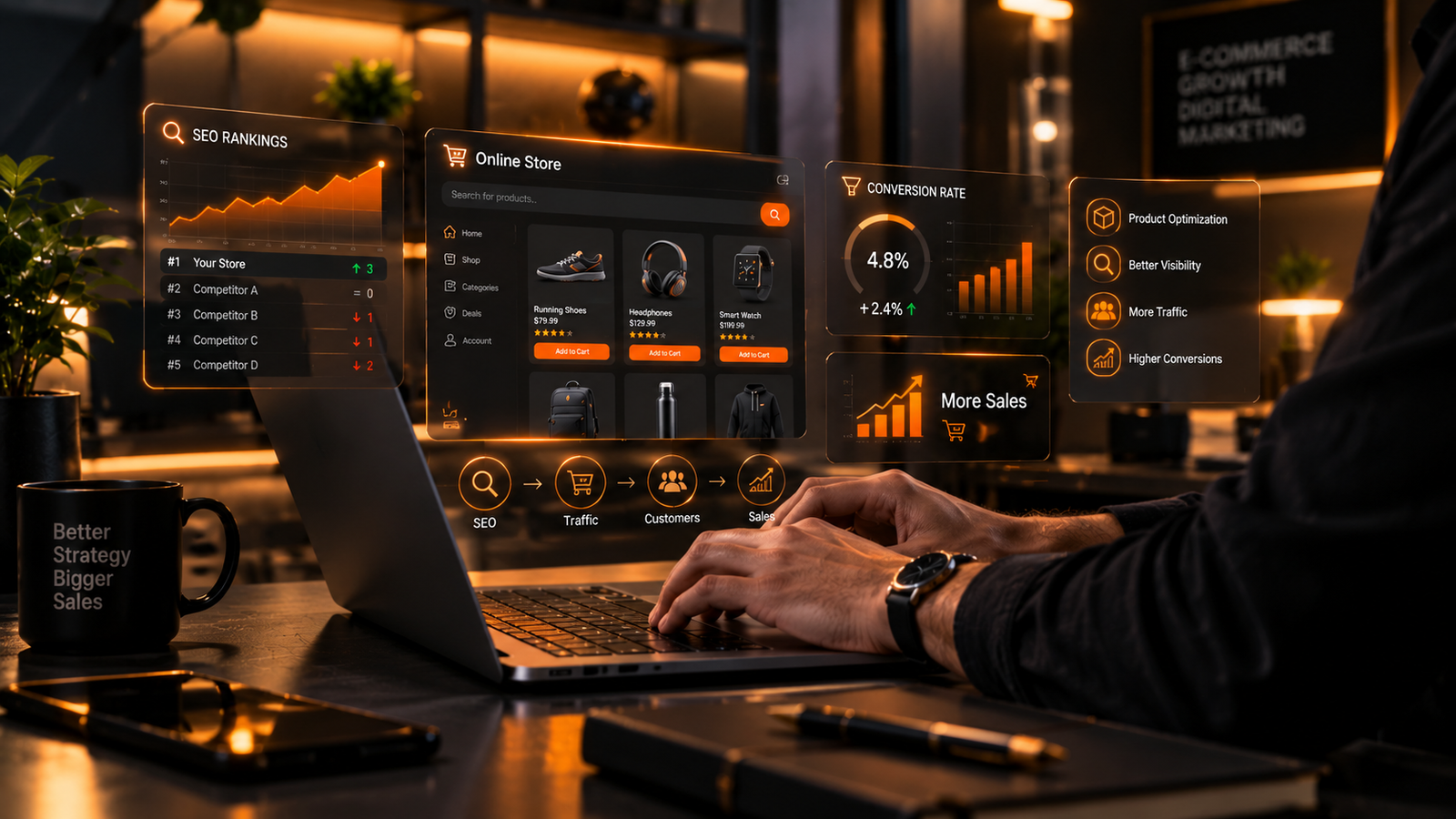 Futuristic Ecommerce SEO Strategy Workspace